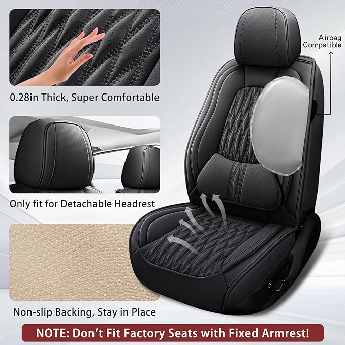 WELLDO Car Seat Covers Full Set, Premium Nappa Leather Seat Covers for Car, Waterproof Car Seat Protector with Lumbar Support, Automotive Seat Covers Universal Fit for Most Cars SUV Truck(Black-w02)