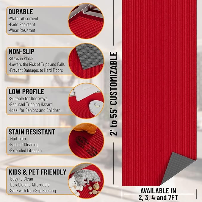 Ottomanson Mud Mat 3' x 3'11" Entryway Rug - Non-Slip Scraper Doormat for Muddy Paws, Dirt Trapping Indoor/Outdoor Mat for High-Traffic Areas, Kitchen, Garage, Patio, Red