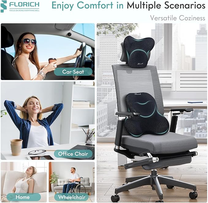 FLORICH Lumbar Support Pillow and Neck Headrest Pillow for Office Chair Car, Ergonomic Memory Foam, Relieves Neck, Back Pain, Pressure-Relieving Back Support for Car, Office Chair & Wheelchair – Black