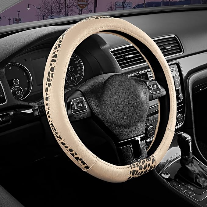 Road Comforts D-Type Steering Wheel Cover - Made with PVC Leather and Leopard Fabric - Universal Fit for 15-Inch D-Shaped Automotive Steering Wheels (Milky White)