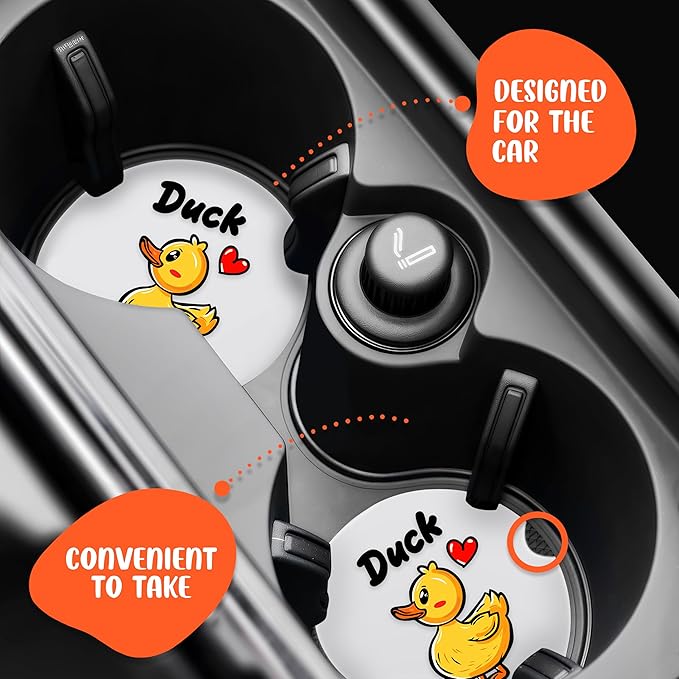 2 Pack Duck Car Cup Holder Coaster, Cute Car Interior Accessories Drink Coaster for Women & Men, Duck Lovers Themed Gifts Stuff Accessories Things Merchandise Items!
