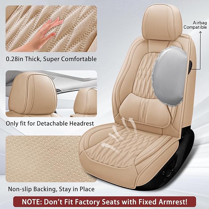 WELLDO Car Seat Covers Full Set,Nappa Leather Seat Covers for Car, Waterproof Car Seat Protector with Lumbar Support, Automotive Seat Covers Universal Fit for Most Cars SUV Truck,Beige
