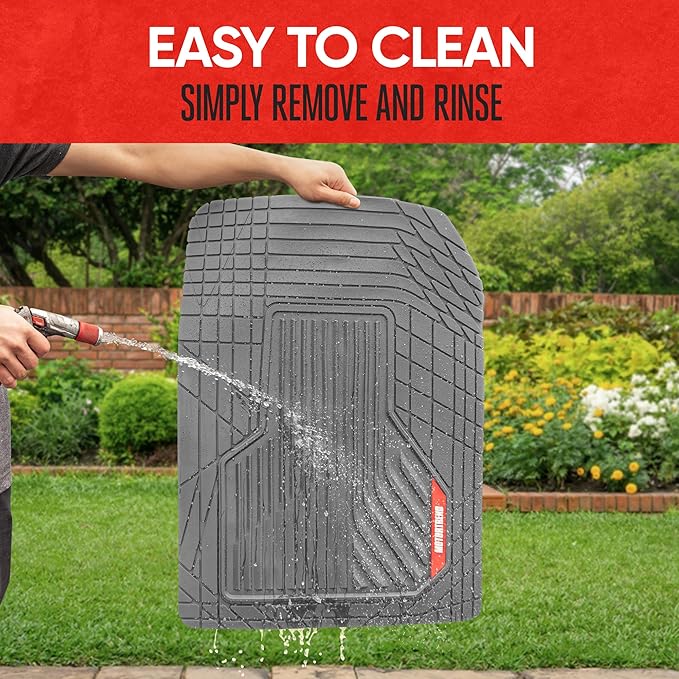 Motor Trend AdventureMax Car Floor Mats Full Set - Durable Rubber Floor Mats for Cars with Debris Capture Grooves, All Weather Interior Protection for Front and Rear with Non-Slip Backing, Gray