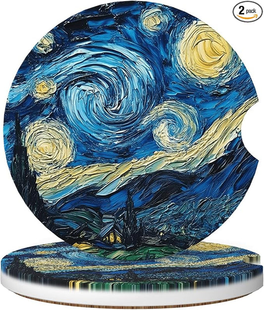 Absorbent Car Coasters for Cup Holders, 2 Pack Universal Anti Slip Ceramic Cup Coaster for Women Men 2.56 Inch Car Interior Accessories - Starry Sky 018