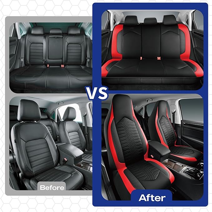 Skechers Memory Foam Car Seat Covers, Leather High Back Seat Covers Quilting Design,Waterproof Sports Car Seat Covers Full Sets,Airbag Compatible, Universal Fit for Most Cars, SUVs,Trucks,Red