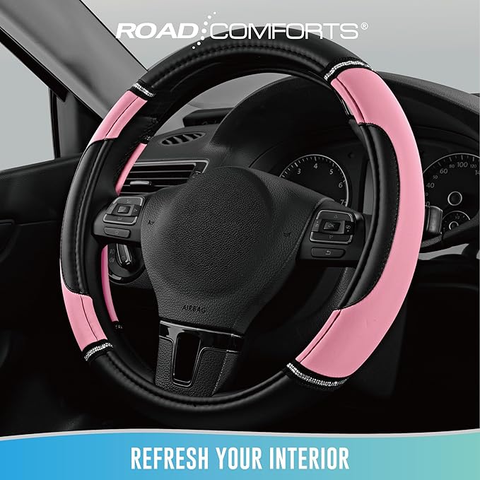 Road Comforts Leather Steering Wheel Cover - Made with PVC Leather - Anti-Slip, Universal Fit 14 1/2 inches to 15 inches - Pink