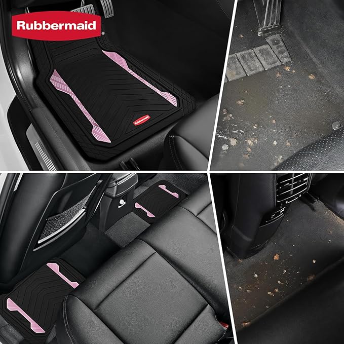 Rubbermaid Car Floor Mat, Heavy Duty All-Weather Car Mats Full Set with Dual-Tone Pink Aluminum Inserts – Universal Fit, Anti-Slip Backing, Trim-to-Fit for Most SUV, Sedan, Van