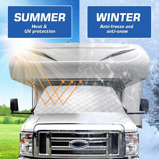 BougeRV RV Windshield Window Snow Cover for Class C Ford E450 1997-2025 Motorhome, Windshield Cover for Ice and Snow RV Front Window Sunshade Cover RV Accessories 4 Layers with Mirror Cutouts Silver