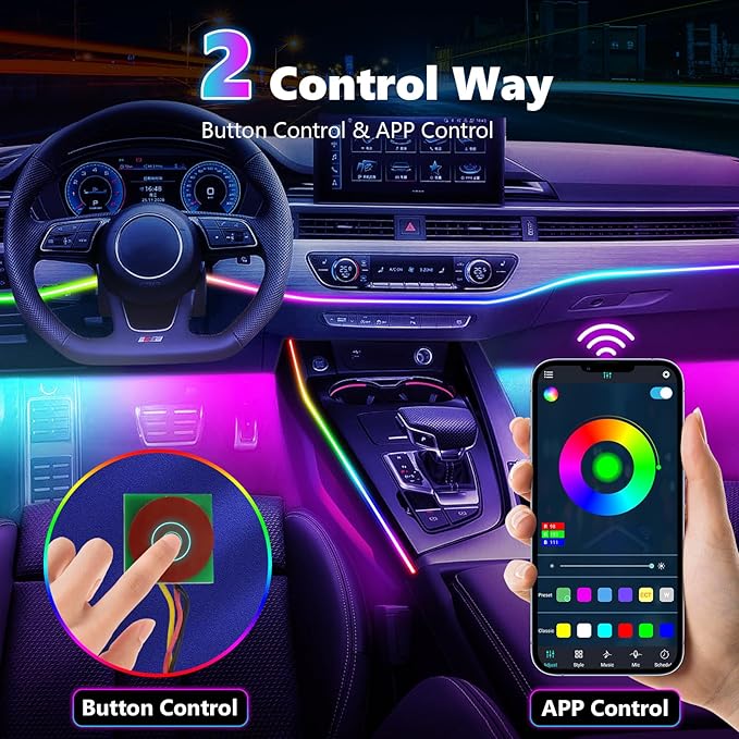 Acrylic Interior Car LED Strip Light, AMKI Dreamcolor Car Neon Light with Wireless APP Control, 10 in 1 Sub-Control Car Ambient Light Kit with DIY Mode and Music Mode, 16 Million Color Car Accessories
