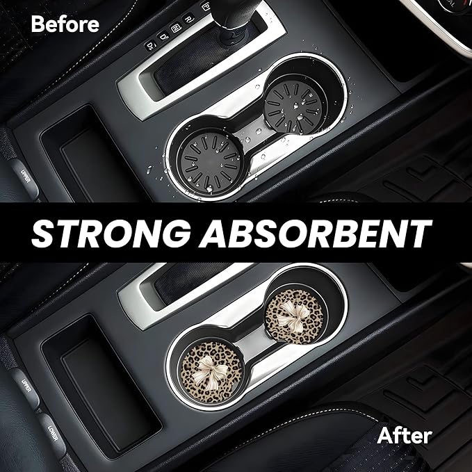 Absorbent Car Coasters for Cup Holders, 2 Pack Universal Anti Slip Ceramic Cup Coaster for Women Men 2.56 Inch Car Interior Accessories - Bow Tie Brown Leopard 007