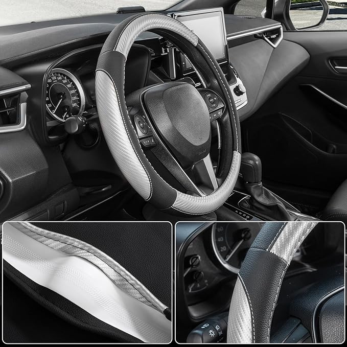 SEG Direct Car Steering Wheel Cover for F-150 Tundra Range Rover 15.5-16 inch, Auto Interior Accessories, Black with Sliver Carbon Fiber Pattern