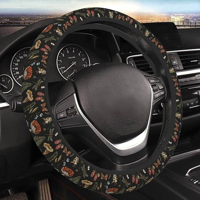 Vintage Mushroom Leaf Steering Wheel Cover for Women, Universal 15 inch Breathable Anti Slip Steering Wheel Covers for Cars, Auto, SUVs