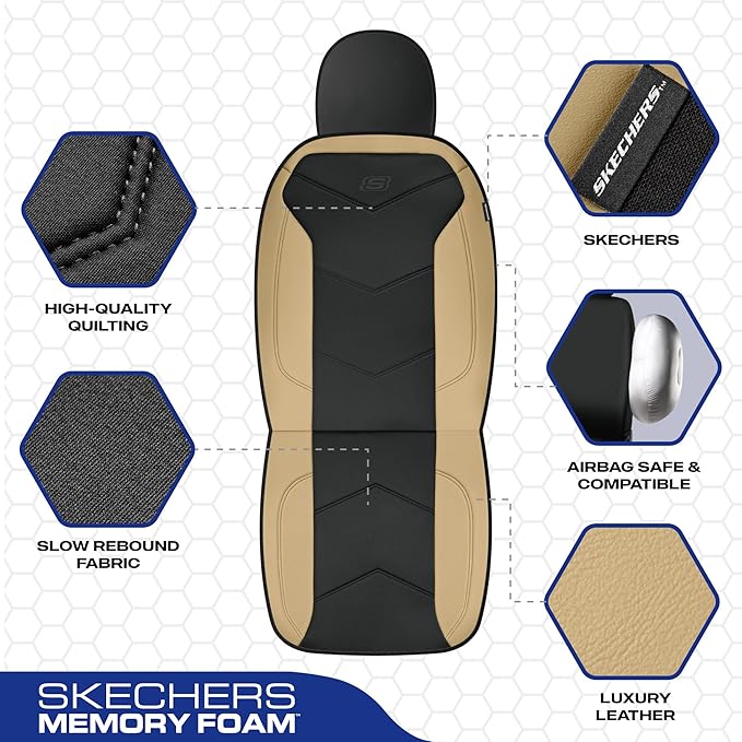 Skechers Memory Foam Seat Covers,Leather Car Seat Covers, Ultimate Comfort & Support Front Seat Covers Airbag Compatible, Automotive Universal Fit Most for SUVs, Vans, Sedans, Cars, Trucks,Beige