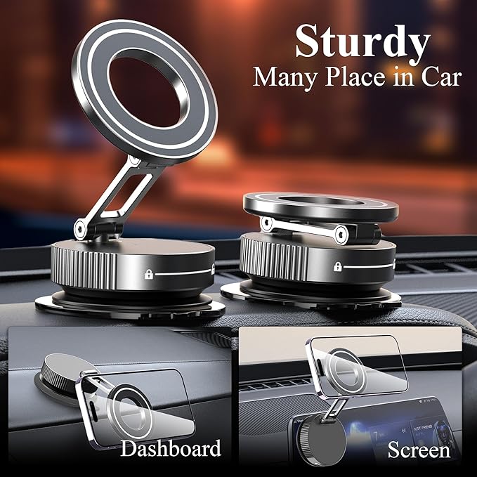 Vacuum Magnetic Phone Holder for Car,Full Metal Body,Vacuum Suction Phone Mount,Magsafe Car Mount for iPhone, Folding Holder for iPhone and Android (White)