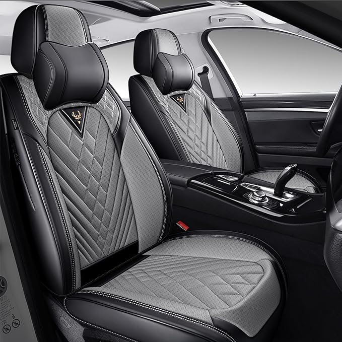 Leather Car Seat Protector - Universal Fit, Waterproof, 2 Seat-Headrest (Black & Gray)