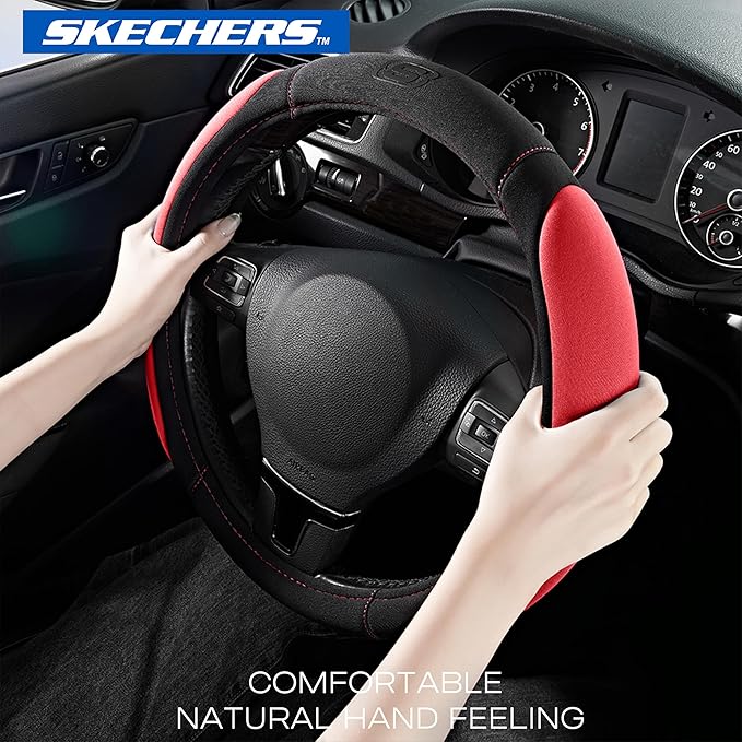 Skechers Steering Wheel Cover,Memory Foam Car Steering Wheel Cover,14.5-15inch Anti-Slip Safety Comfortable Desgin, Universal Accessory for Diverse Cars, Truck,SUV (Black & Red)