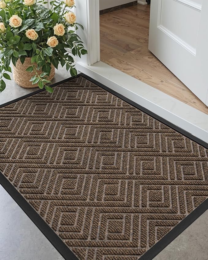 DEXI Front Door Mat Outside Entrance, Heavy Duty Rubber Backed Doormat, Stain and Fade Resistant, Low-Profile Easy Clean Entryway Floor Mats, 32x48, Checkered Brown