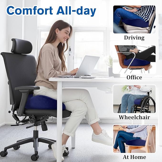 Seat Cushion, Gel Chair Cushions, Office Chair Cushions, Anti-Slip Bottom & Removable Cover Tailbone Pain Relief Cushion, Memory Foam Seat Cushion, 5.28 in Thick (Blue)