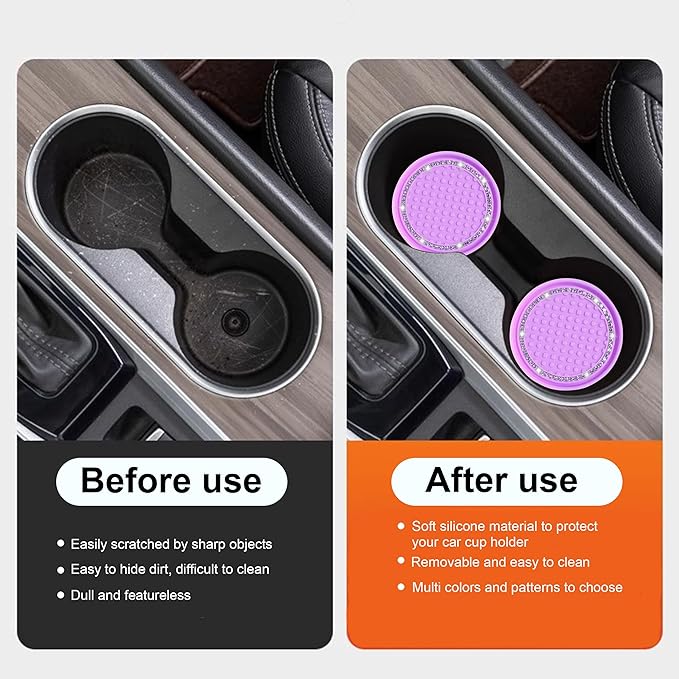 Amooca Car Cup Coaster 4 Pack Universal Non-Slip Cup Holders Insert Coasters Bling Crystal Rhinestone Car Interior Accessories Purple Dots