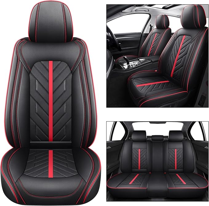 Tomatoman Car Seat Covers Full Set,Universal Automotive Waterproof Leather Vehicle Cushion Full Coverage Protectors Fit for Most Sedans SUV Pick-up Truck(Full Set/Black-Red)