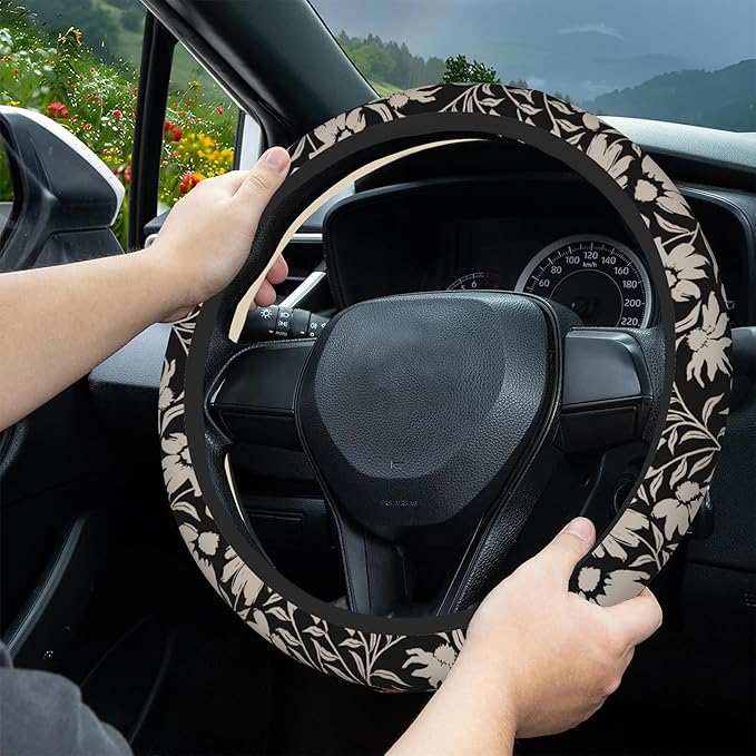 Abstract Flower Steering Wheel Cover, Elastic Non-Slip Steering Wheel Protector,Auto Interior Decor for Women Girls,Universal 15" Fit for Sedans,Trucks