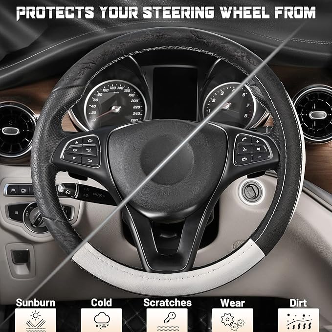 SEG Direct Car Steering Wheel Cover Universal Standard Size 14.5-15 inch, Black and White Microfiber Leather