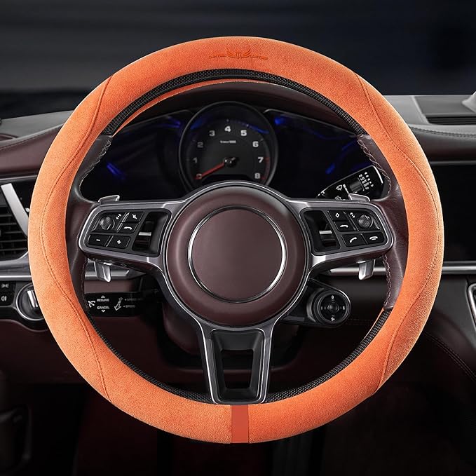 OURTIME Faux Suede Car Steering Wheel Cover, Universal 15 inch,Non-Slip,Comfortable,Soft,Microfiber Breathable Suede Fabric,Warm in Winter and Cool in Summer (Orange)