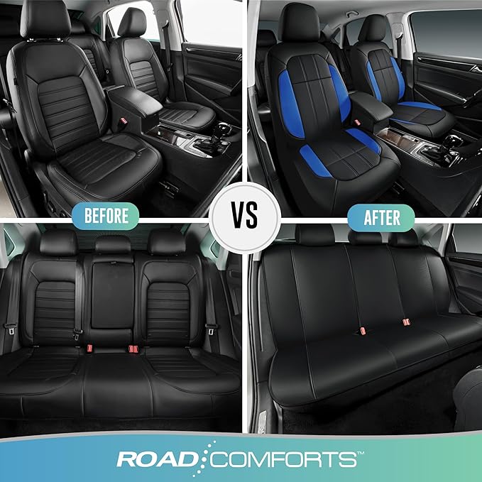 Road Comforts Car Seat Covers, Breathable Leather Seat Covers, Car Seat Covers Full Sets Airbag Compatible, Automotive Seat Covers for Most Cars, Vans, Trucks, SUV - Blue