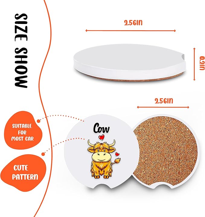 2 Pack Highland Cow Car Cup Holder Coaster, Cute Car Interior Accessories Drink Coaster for Women & Men, Cow Lovers Themed Gifts Stuff Accessories Things Merchandise Items!