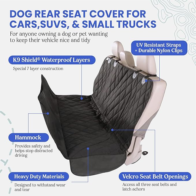 4Knines Dog Backseat Cover with Hammock for Cars, SUVs, and Trucks – Waterproof Layers, Nonslip Seat Protector, Durable Nylon Clips, K9 Shield with Heavy Duty Thread, (Extra Large, Black)