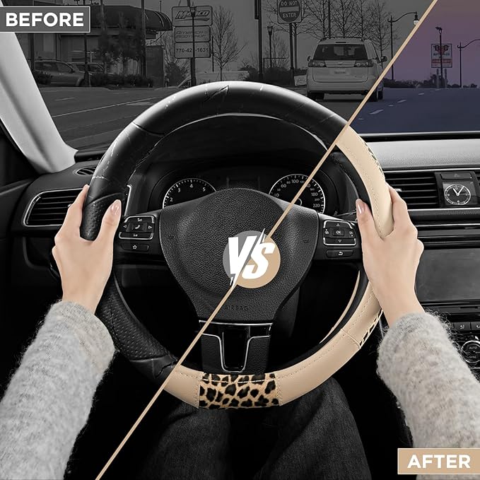 Road Comforts D-Type Steering Wheel Cover - Made with PVC Leather and Leopard Fabric - Universal Fit for 15-Inch D-Shaped Automotive Steering Wheels (Milky White)