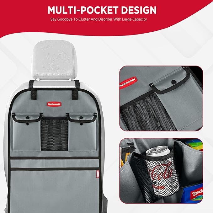 Rubbermaid Backseat Car Organizer, Kick Mats and Seat Back Protector, Car Organizer for Kids with 6 Storage Pockets, Travel Essentials for SUV, Truck, Car - 2 packs Gray
