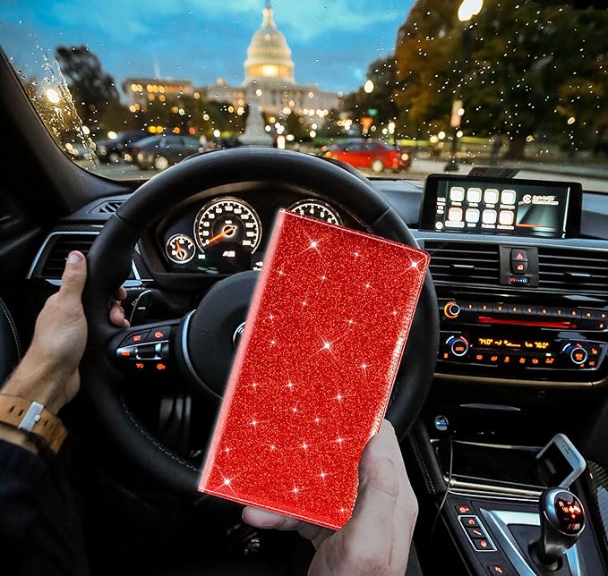 TOURSUIT Car Registration and Insurance Card Holder, Vehicle License Document Glove Box Compartment Organizer, Interior Car Accessories for Women Men Teens (Glitter Red)