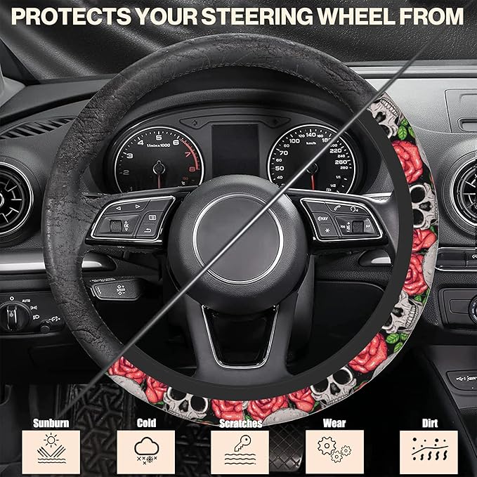 Watercolor Skull and Roses Car Steering Wheel Cover, Non-Slip Absorbing Sweat Car Wheel Cover Accessories for Men Women,Universal 15" Fit Auto SUV Vans Trucks