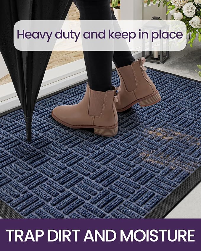 DEXI Front Door Mat Outside Entrance, Rubber Entry Doormat Heavy Duty, Welcome Mats Non Slip for Inside House Floor Entryway Back Doors Exterior Patio, 17x29 Maze Blue