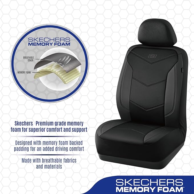 Skechers Memory Foam Seat Covers,Leather Car Seat Covers, Ultimate Comfort & Support Seat CoversFull Sets,Airbag Compatible, Automotive Universal Fit Most for SUVs, Vans, Sedans, Cars, Trucks,Black