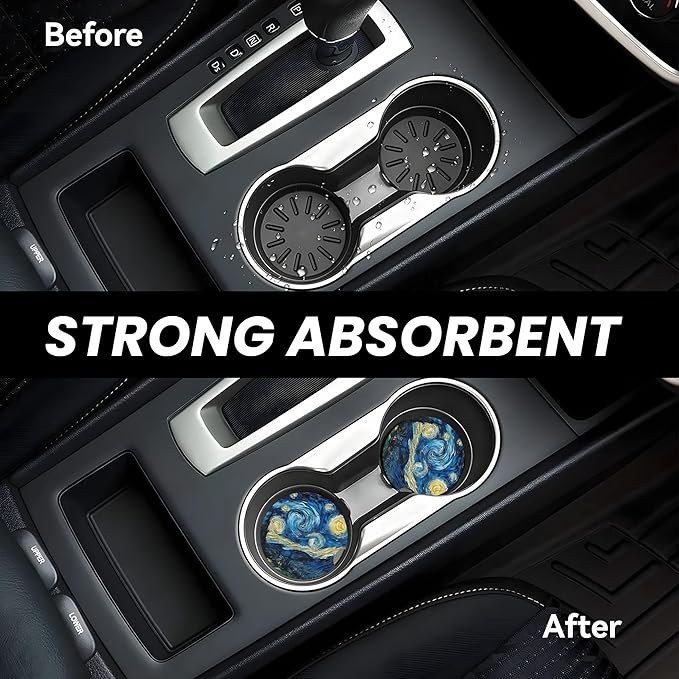Absorbent Car Coasters for Cup Holders, 2 Pack Universal Anti Slip Ceramic Cup Coaster for Women Men 2.56 Inch Car Interior Accessories - Starry Sky 018