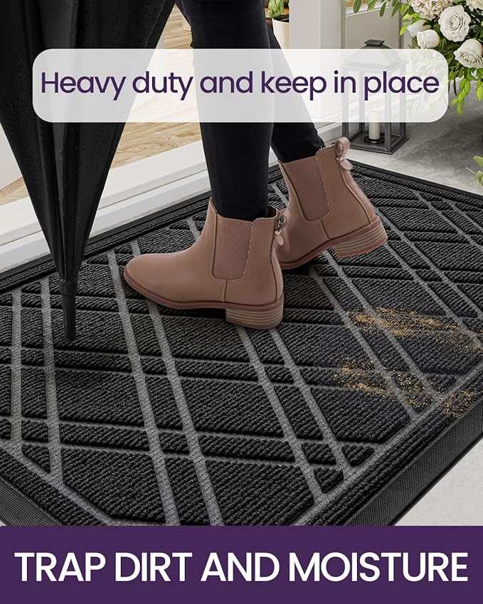 DEXI Front Door Mat Outside Entrance, All-Season Heavy Duty Rubber Doormat, Fade Resistant, Low-Profile, Easy Clean Patio Entryway, 17x29, Weave Black
