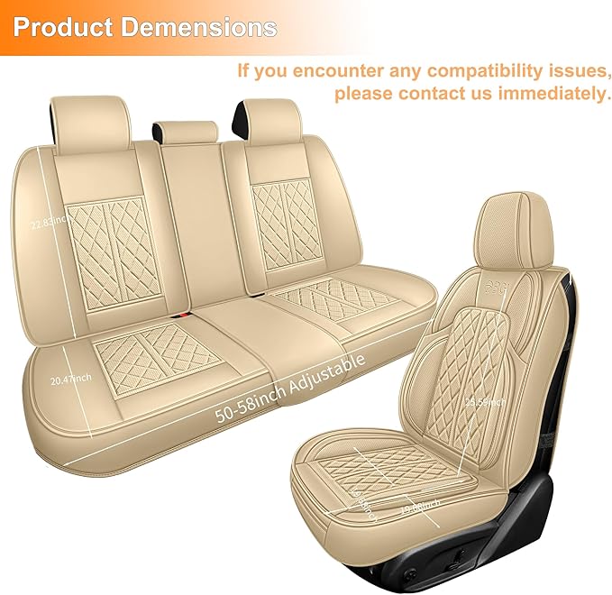 Leather Automotive Seat Covers Universal Fit for Cars, SUV, Sedans, Anti-Slip & Breathable (Beige, Full Set)