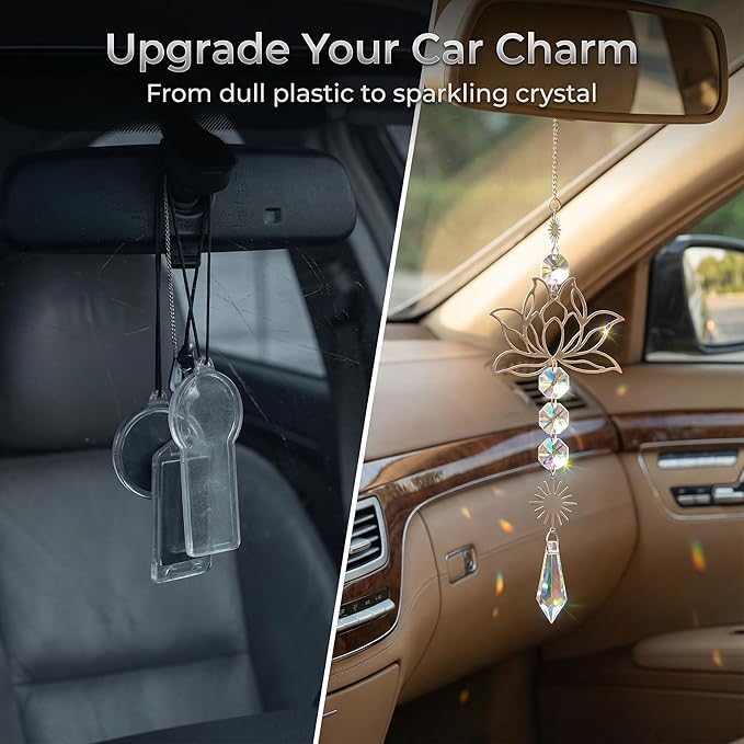 Colorful Crystal car Mirror Hanging Accessories，Car Charm，Rear View Mirror Hanging Decors， Gifts for Women (Lotus Flower)