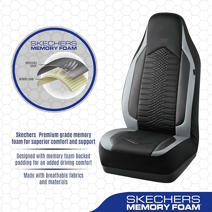 Skechers Memory Foam Car Seat Covers, Leather High Back Seat Covers Quilting Design,Waterproof Sports Car Seat Covers Full Sets,Airbag Compatible, Universal Fit for Most Cars, SUVs,Trucks,Gray