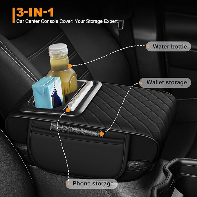 Armrest Cover for Car Fit for Jeep Renegade - Center Console Cover with Cup Holders and 2 Storage Pockets(Black)