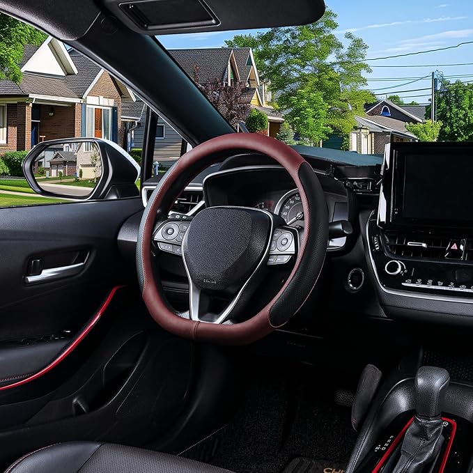 SEG Direct D Shaped Steering Wheel Cover for 14.5-15 inch Flat Bottom Wheels, Breathable Perforated Microfiber Leather, Anti-Slip Grip, Universal Fit for Cars & SUVs, Black and Burgundy