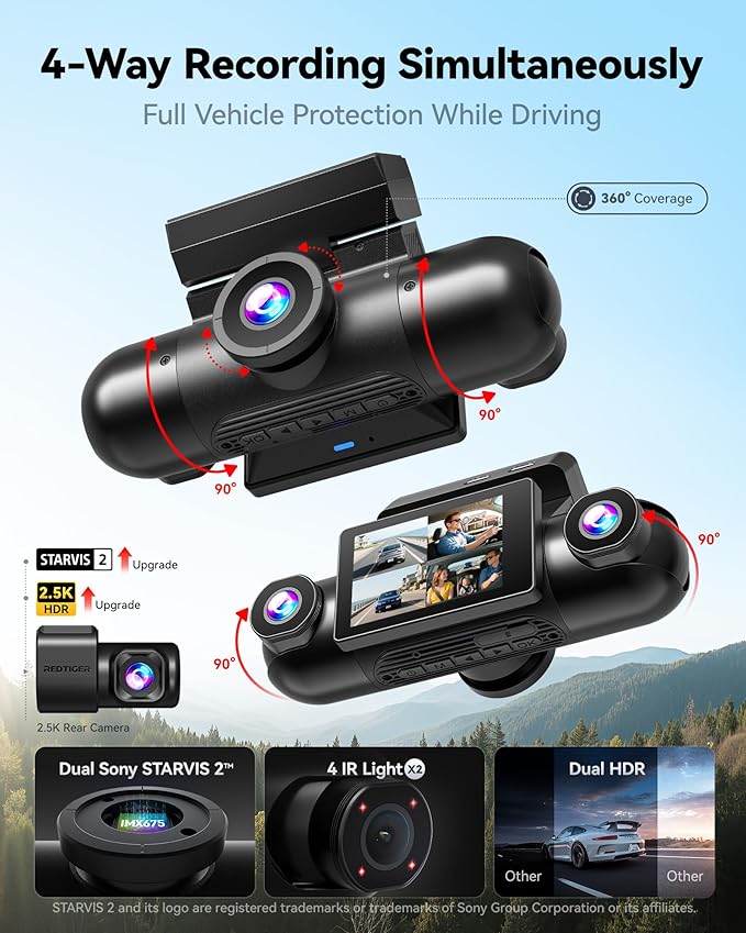 REDTIGER 4 Channel 360° View Dash Cam, Dual STARVIS 2, 2.5K*2+1080P*2 Dashcam Front and Rear Inside Left Right, 5.8GHz WiFi, 8 IR Lights Night Vision, 4 Adjustable Lenses, Included 128GB Card (VP40)