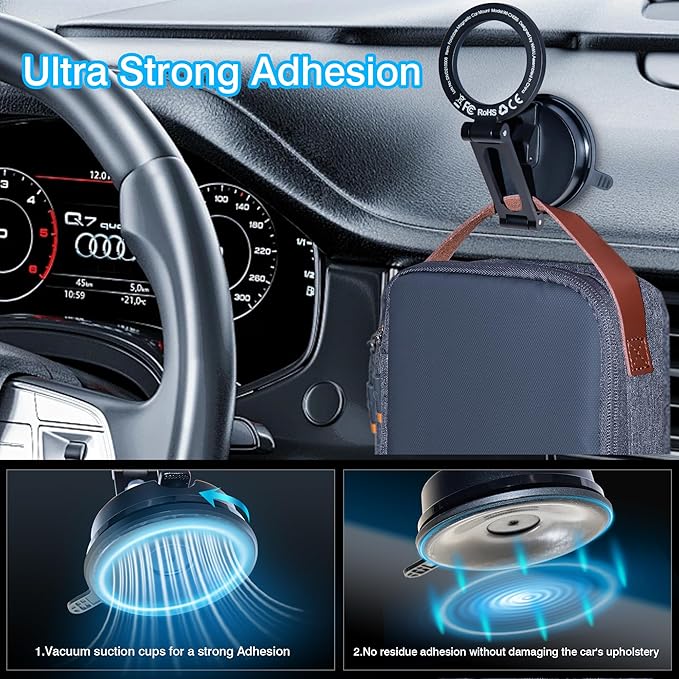 WIWU for MagSafe Car Mount Magnetic Phone Holder 360°Rotation Suction Cup Phone Mount for Car Foldable Adjustable Stable Cradle Compatible with iPhone 16/15/14/13/12 Series Android