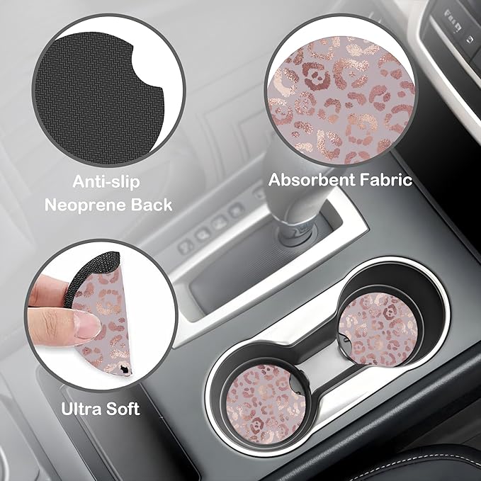 Rose Gold Leopard Print Steering Wheel Cover with 2 Pcs Car Coasters Neoprene Steering Wheel Cover for Women Men Anti-Slip Breathable Car Accessories Universal 15 Inch Fit Auto Cars Trucks