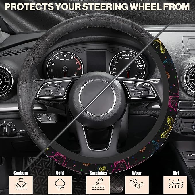 Abstract Neon Colorful Butterfly Steering Wheel Cover, Elastic Non-Slip Steering Wheel Protector,Auto Interior Decor for Women Girls,Universal 15" Fit for Sedans,Trucks