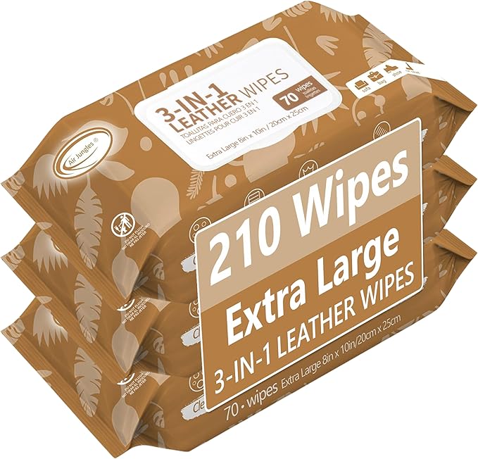 Air Jungles 3in1 Leather Cleaner Wipes 70 Count (Pack of 3), Extra Large 8" x 10" Size, Clean Condition Protect Wipes for Vinyl and Leather Apparel Furniture Auto Car Interior Shoes Boots Bags