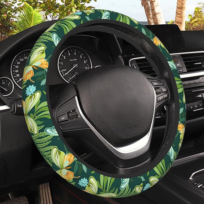 Tropical Butterflies and Plants Steering Wheel Covers Universal 15 Inch Car Wheel Cover,Anti-Slip Breathable Car Accessories Protector Fit for Trucks,Sedans,SUVs,Vans