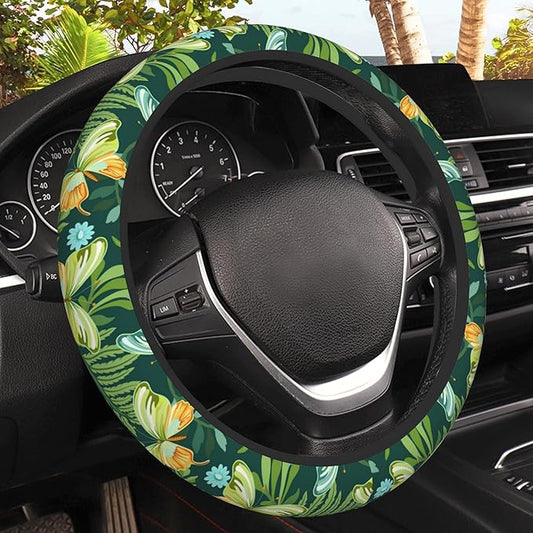 Tropical Butterflies and Plants Steering Wheel Covers Universal 15 Inch Car Wheel Cover,Anti-Slip Breathable Car Accessories Protector Fit for Trucks,Sedans,SUVs,Vans